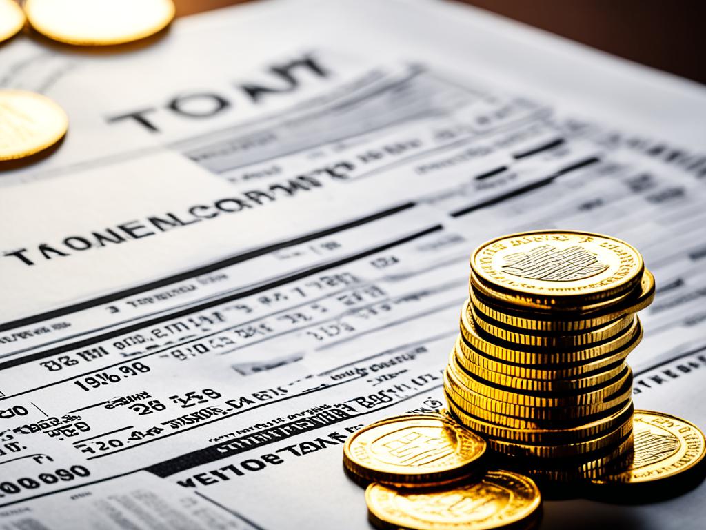 A towering stack of gold coins, with a small portion being chipped away by a looming shadow in the shape of an estate tax form.