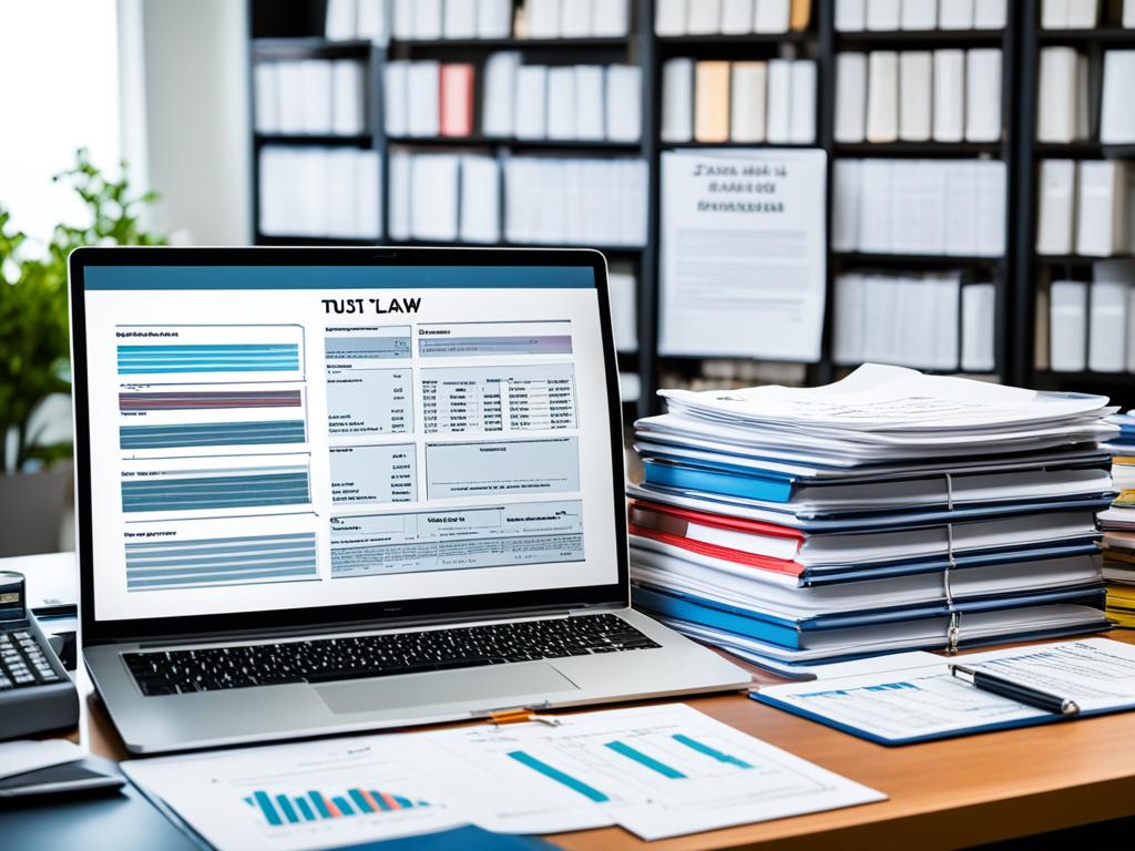 An office desk cluttered with legal documents, a laptop, and a calculator. The documents feature terms like "power of attorney," "will," and "trust" alongside charts and graphs displaying financial data. The desk is surrounded by shelves filled with books about tax law, business management, and estate planning.