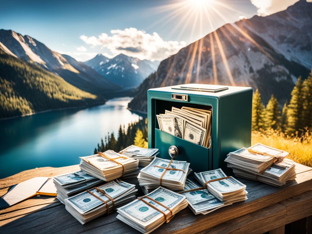 A sturdy, locked safe filled with stacks of cash, a deed to a house, and important legal documents, sitting atop a mountain overlooking a pristine lake. The sun is shining down on the scene, casting long shadows along the ground.