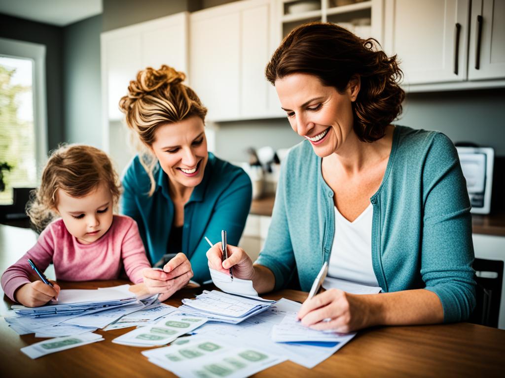 An image of a family sitting at a kitchen table with a stack of bills and receipts spread out in front of them. They are using a calculator and writing down numbers on a notepad, showing that they are actively budgeting and preparing for the costs of parenthood. The atmosphere is serious, but also hopeful, as they work together to plan for their future.