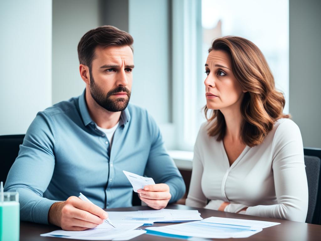 A couple sitting at a table surrounded by financial documents and a pregnancy test, looking stressed and apprehensive.