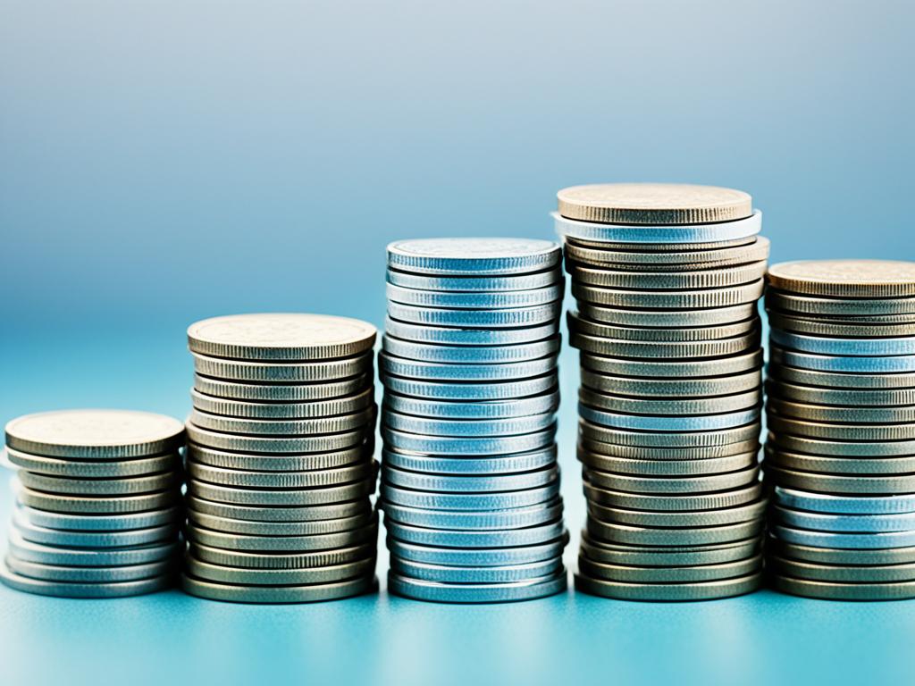 A stack of coins indicating the amount saved each week. The overall image conveys the idea of building up funds for unexpected circumstances, such as medical emergencies or sudden job loss. It uses shades of blue to signify stability and security. The image shows the stack of money gradually growing in size from left to right with a subtle gradient effect. The coins are neatly arranged and evenly spaced, creating a sense of order and control.