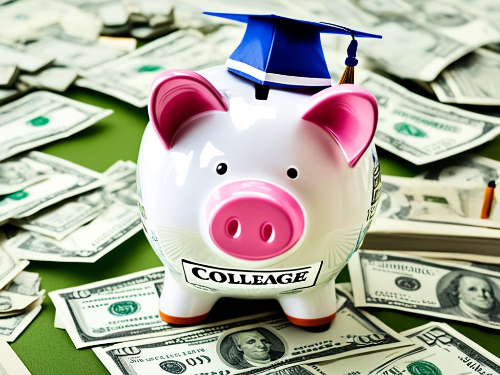 A stack of crisp $100 bills sitting inside a piggy bank with the words "college fund" engraved on the side. The piggy bank is surrounded by graduation caps, textbooks, and a diploma to symbolize the future milestones that saving for college will provide. The image conveys the importance and value of investing in education early on in a child's life.