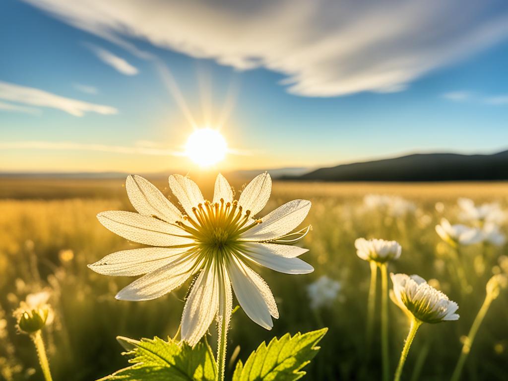 A delicate flower blooming in the midst of a vast, open field, surrounded by wispy clouds and a warm, glowing sun.