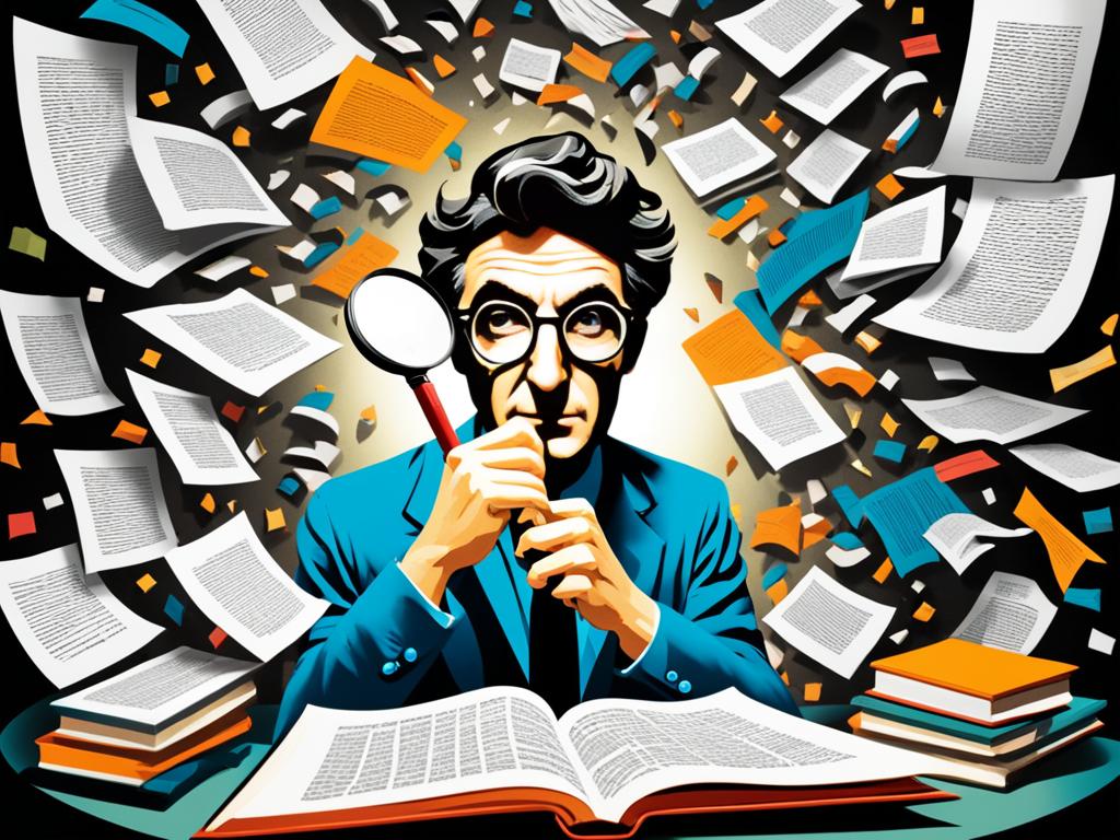 An image that evokes the power of literary criticism. It uses bold contrasting colors to represent the tension between author and critic. It shows a critic holding a magnifying glass, studying a poem in detail. He is surrounded by books and other literary works, symbolizing the vast knowledge and insight required for this task. It uses abstract shapes to convey the ambiguous nature of interpretation while also highlighting the importance of critical thinking.