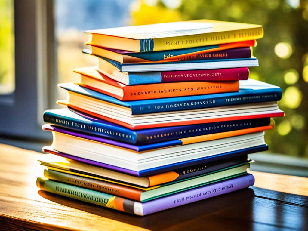 A stack of books with vibrant colors and detailed designs on their covers, each representing a collection of poems. The books are arranged in a neat row on a wooden table, surrounded by a scattering of pens, pencils, and scraps of paper. Sunlight beams in from a nearby window, casting a warm glow over the scene that invites you to sit down and explore into the world of poetry.