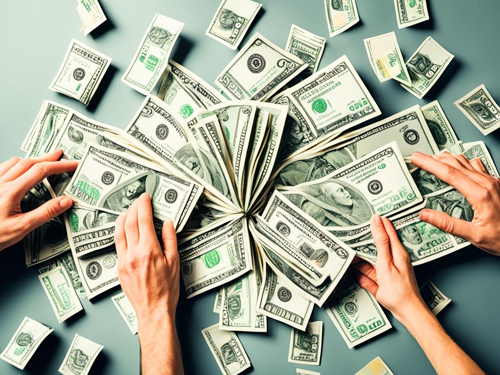 A tangled web of dollar bills being visually separated by a couple's hands, one hand carefully folding and organizing the money while the other hand reaches out greedily.