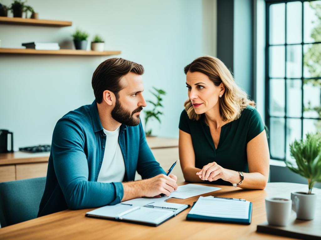 A couple sitting at a table together, each holding a notepad and pen. They are facing each other with serious expressions and appear to be engaged in a discussion about their financial goals. There are multiple options written down on their notepads, including saving for a down payment on a house, creating an emergency fund, and investing in retirement accounts. The table is cluttered with calculators, documents, and financial books. In the background, a bookshelf filled with financial planning resources can be seen.