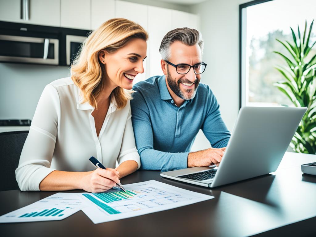 Money: couple sitting at a table with a computer, analyzing their financial statements together. The computer screen shows a spreadsheet with income and expenses. The couple has calculators, pens, and paper in front of them. They both have focused expressions on their faces as they collaborate to create a budget plan for their household.