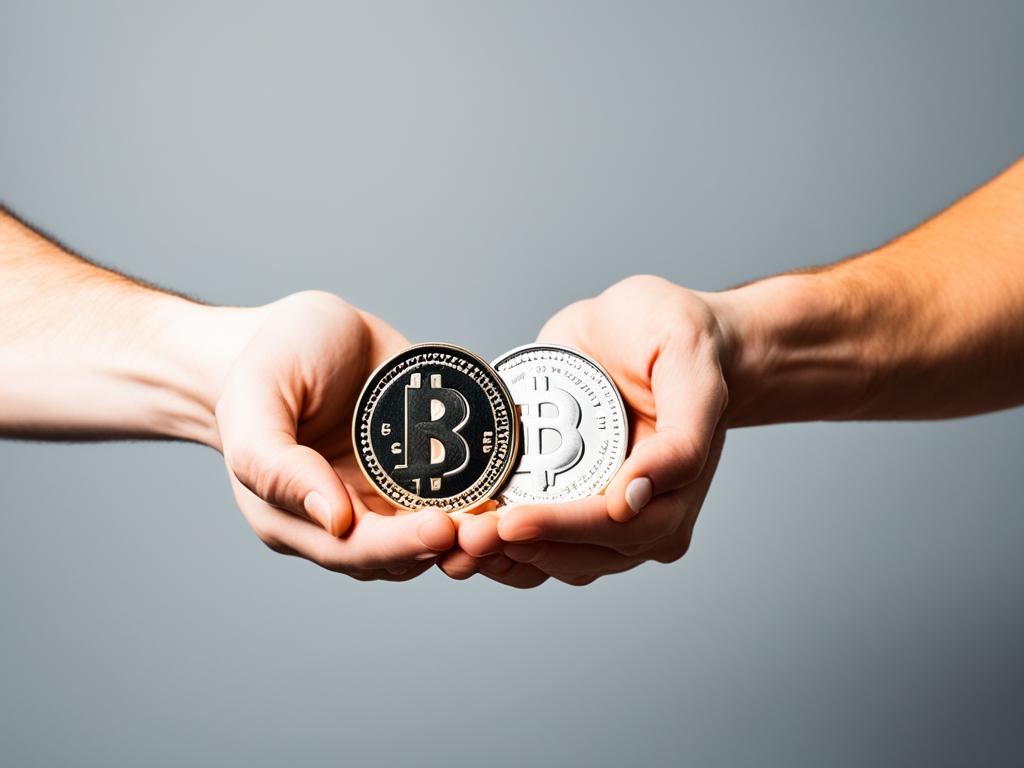 An image of two hands holding a coin, with each hand representing a different partner in the couple. The coin has been split in half, and each partner is holding their half, symbolizing the idea of separate accounts. The background uses a neutral color of gray to reinforce the idea of neutrality and balance.