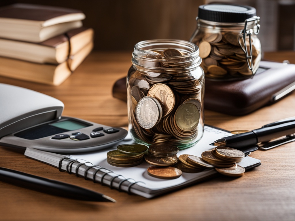 Budget: A glass jar filled with a mix of coins and bills, representing an emergency fund. The jar is placed on a wooden table with a calculator, pen, and notebook nearby. The lighting is warm and soft, creating a cozy and secure feeling.