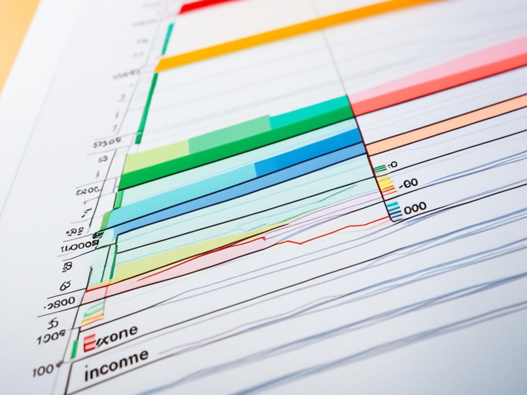 A colorful graph displaying income and expenses with a clear divide between the two categories. The income section is an upward trend, while expenses has a downward trend. It uses bright colors to represent income and muted colors to represent expenses.