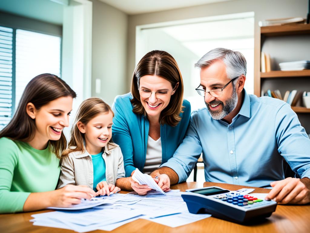 A family sitting around a table, surrounded by bills, receipts, and a calculator.