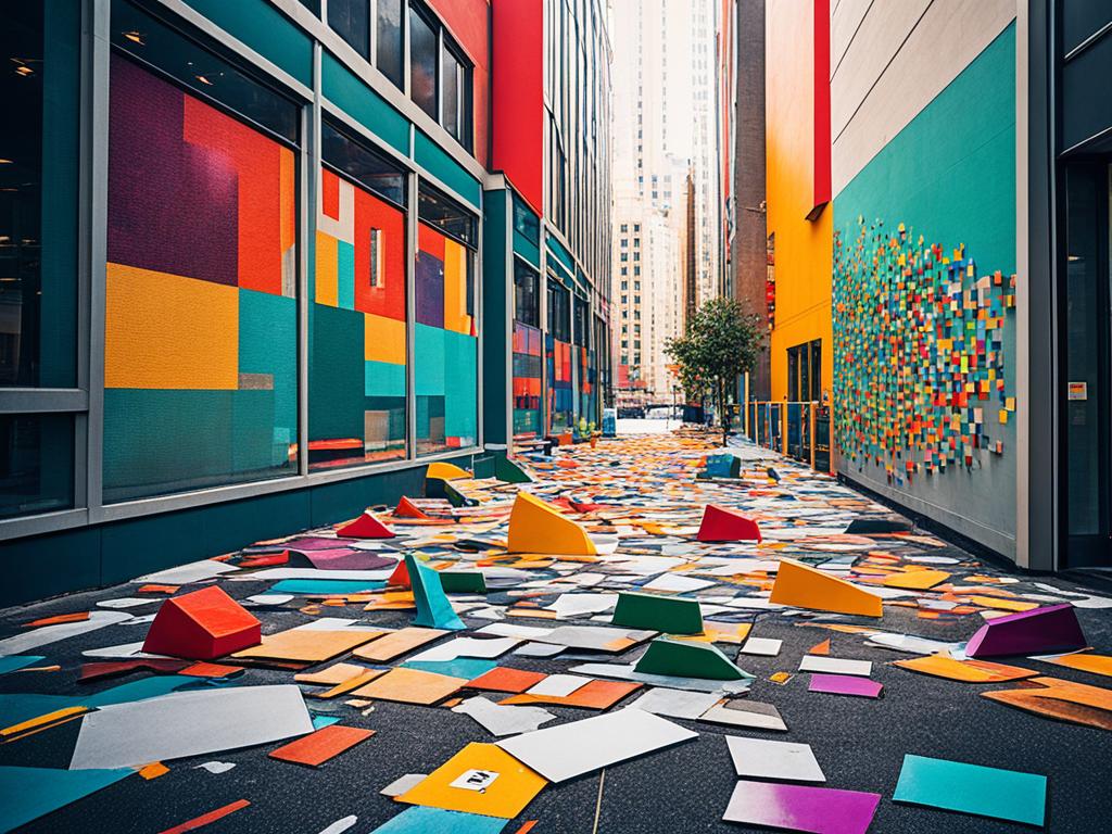 A burst of colors and shapes in a city street.